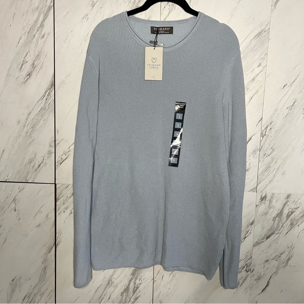 NWT Primark Organic Cotton Sky Blue Rolled Crewneck Knit Sweater Mens Large